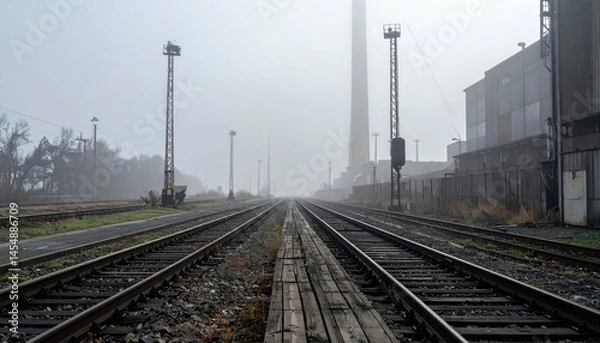 Fototapeta Foggy Rail Tracks in Industrial Area with Tall Smokestack View