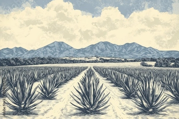 Fototapeta Vintage Etching of Agave Harvesting: Retro Field Scene for Tequila Production, Hand-Drawn Woodcut Illustration