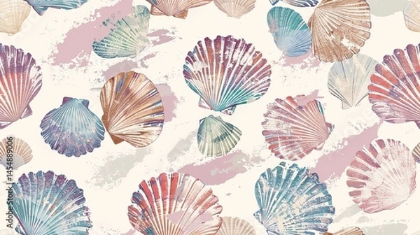 Fototapeta A seamless Retro pattern of Vintage seashells with Coastal vibes, featuring Soft, Faded, Muted colors in a textured background.

