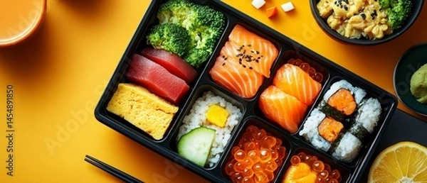 Fototapeta Bento box contains variety of Japanese foods including sashimi, sushi, vegetables arranged neatly for convenient and appealing meal.