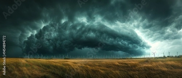 Fototapeta Storm cloud looms ominously over grassland field with wind turbines, signifying renewable energy source despite threatening weather.