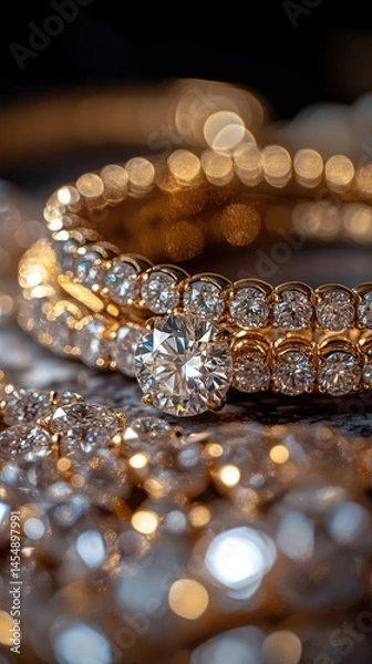 Fototapeta Close-up of elegant diamond rings.  Sparkling gold bands with a center diamond
