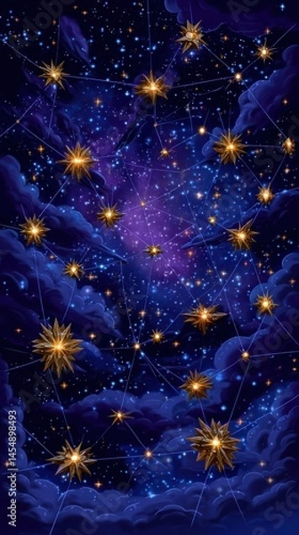 Fototapeta Sparkling celestial network with golden star clusters against a cosmic purple and blue sky, creating a fantastical galaxy.