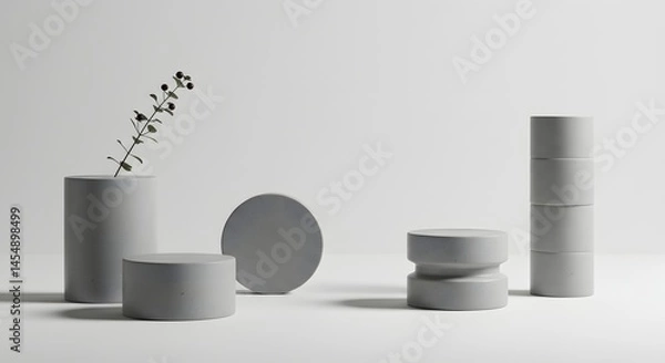 Fototapeta Gray Concrete Cylinders and Disks on White Background