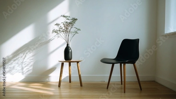 Fototapeta Minimalist Black Chair and Small Wooden Table in Corner Setting