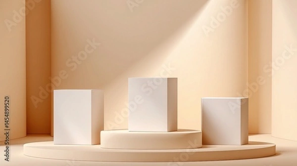 Fototapeta Minimalist Beige Background with Soft Edged White Podiums