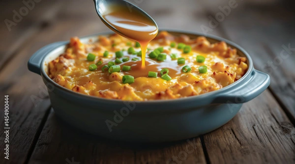 Obraz A spoon is drizzling savory gravy over casserole sprinkled with green onion