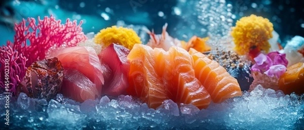 Fototapeta Fresh sashimi assortment beautifully presented on crushed ice includes raw salmon, tuna, decorated with edible flowers and coral, displaying culinary artistry.