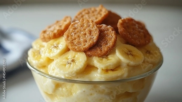 Obraz Creamy banana dessert topped with crispy biscuits