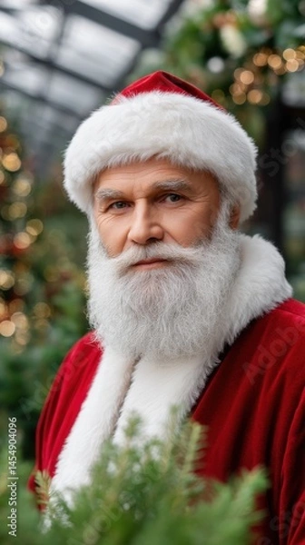 Fototapeta A Festive Portrait of a Man with a White Beard in a Red Hat and Coat in a Christmas Setting