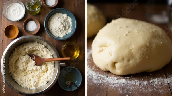 Obraz Banner with split screen of dough baking process in progress