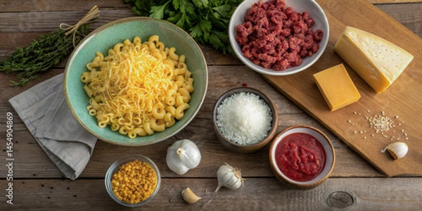 Obraz Aerial view of cooking ingredients on a rustic wooden table