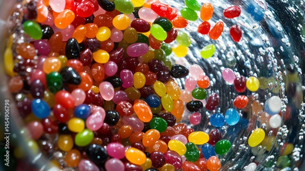 Fototapeta An overhead view of colorful jelly beans being mixed in a rotating vat.