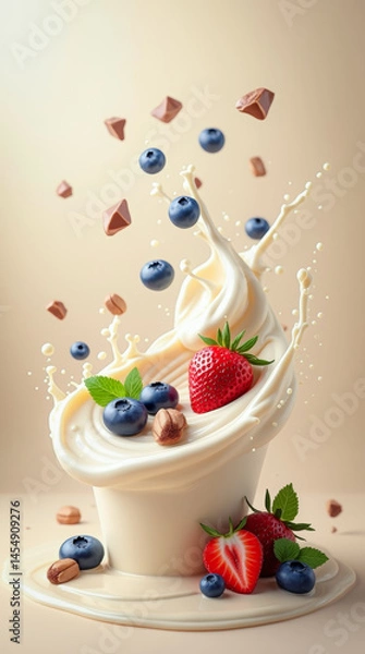 Fototapeta Blueberries, strawberries and chocolate in dynamic splashes of creamy yogurt