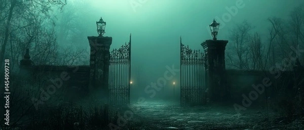 Fototapeta Ornate iron gates stand open under foggy atmosphere, beckoning pathway into unknown under ominous, eerie ambiance.