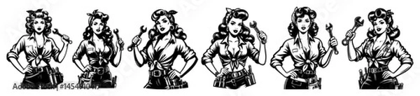 Fototapeta black and white vector of pin-up women in mechanic outfits with tools in retro vintage style