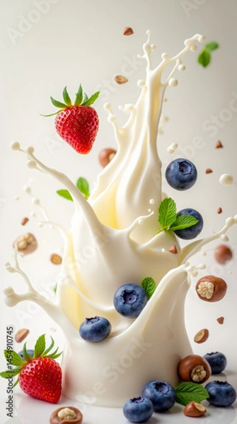 Obraz Blueberries, strawberries and hazelnuts in dynamic splashes of creamy yogurt