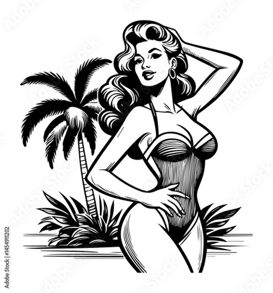 Fototapeta glamorous pin-up girl posing in bikini near palm tree, black and white vector