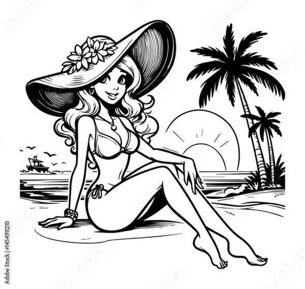 Fototapeta smiling beach pinup girl in bikini and hat sitting near palm trees, black and white summer vector