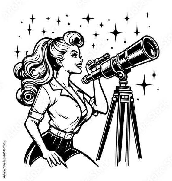 Fototapeta pin-up girl looking through telescope with stars around – vintage science vector