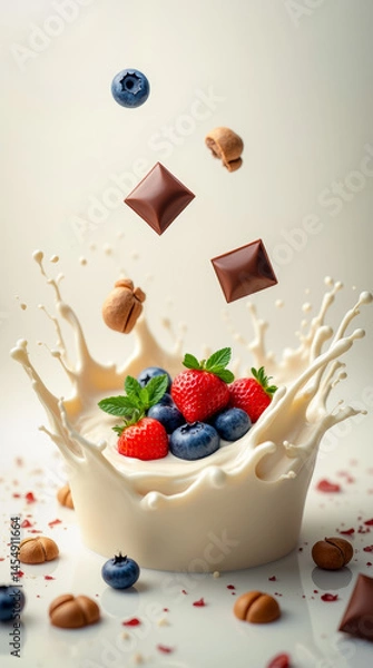 Obraz Blueberries, strawberries, chocolate and hazelnuts in dynamic creamy splash