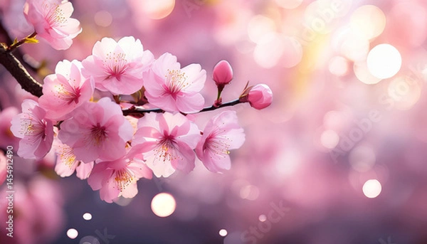 Fototapeta vibrant pink cherry blossoms in bloom against a soft bokeh background