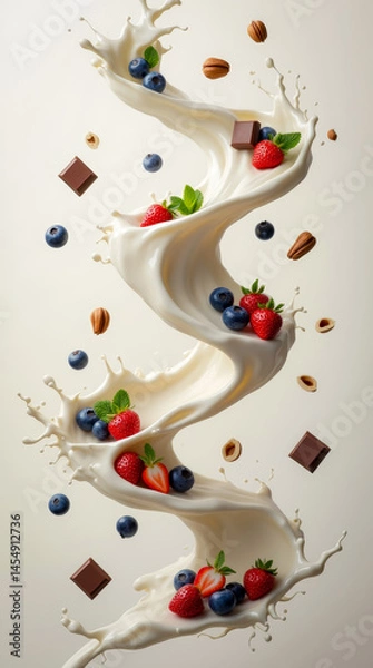 Obraz Blueberries, strawberries, chocolate and hazelnuts in spiral creamy splashes