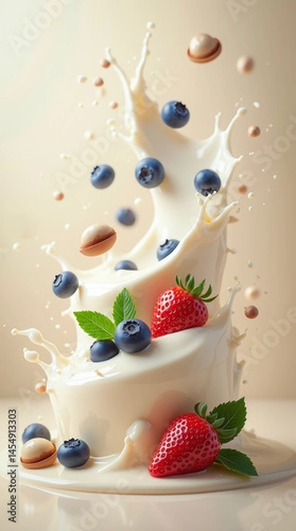 Obraz Blueberries, strawberries and hazelnuts in spiral splashes of creamy milk