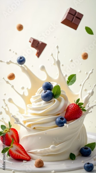 Fototapeta Blueberries, strawberries, chocolate and hazelnuts in splash of creamy milk