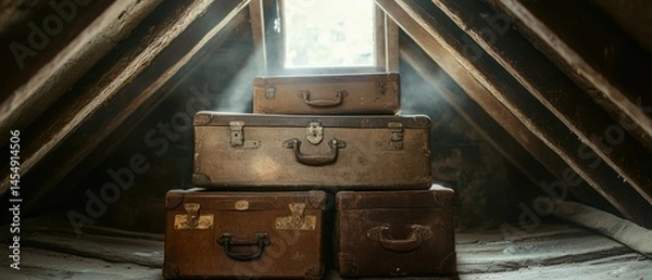 Fototapeta Stacked suitcases sit in attic, catching stream of light entering through window.
