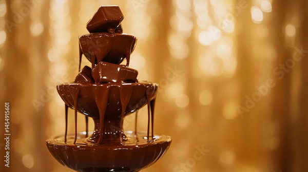Fototapeta A chocolate fountain pouring layers of liquid cocoa in a factory test area.
