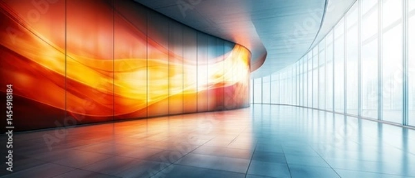 Fototapeta Empty hall showcases modern architecture featuring curved walls adorned with abstract patterns, complemented by expansive windows and tile flooring, creating sleek corporate atmosphere.
