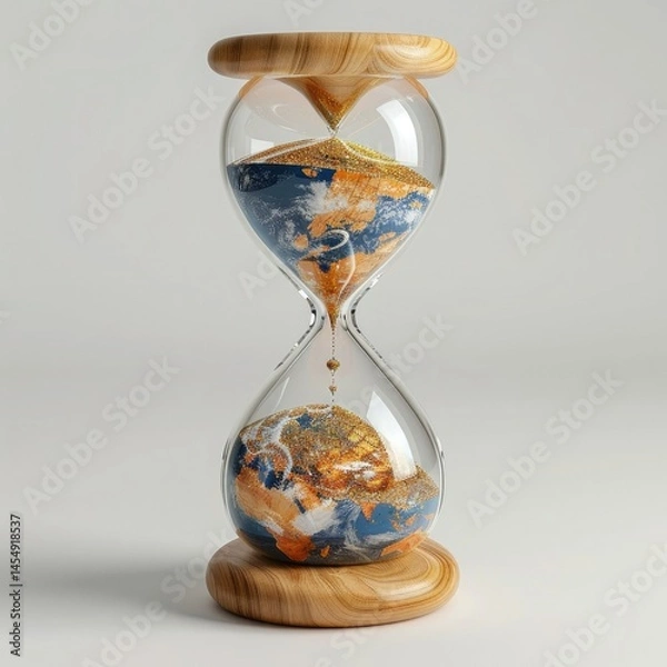 Fototapeta A glass hourglass with Earth inside symbolizes the planet's fragile state and the urgency of climate action as time runs out to protect our world