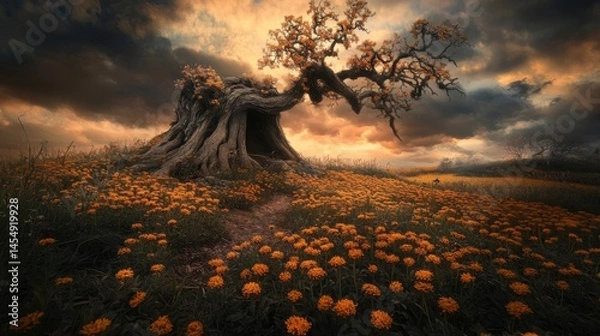 Fototapeta Old Weathered Tree in a Field of Orange Flowers at Sunset