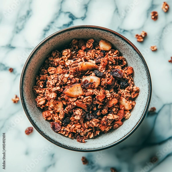 Obraz oatmeal with prunes and baked apples in a round plate on a marble table, top view