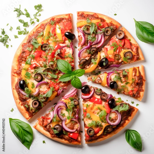 Obraz round vegan pizza with vegetables cut into pieces, top view on white background