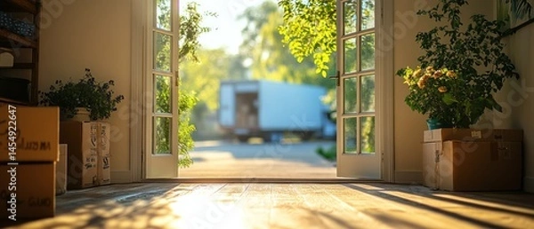 Fototapeta Open doorway reveals moving truck and cardboard boxes, creating atmosphere of new beginnings and domestic transition.