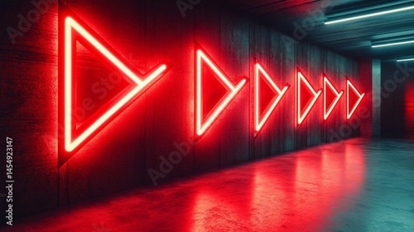 Obraz Neon red triangle arrows on dark wall