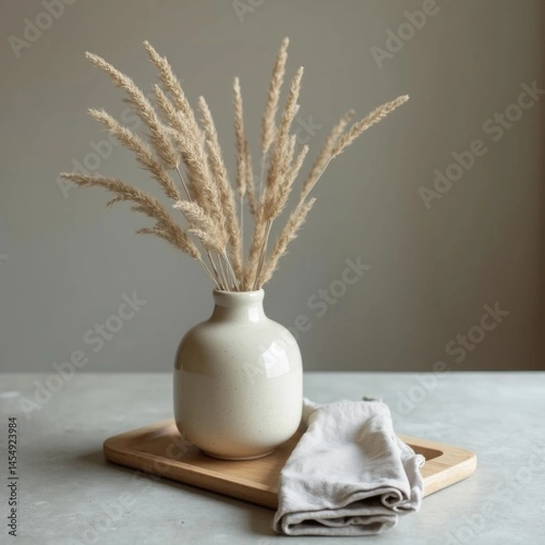 Fototapeta Japandi decor with ceramic vase, dried grass, wood tray, linen napkin, matte stone table, soft muted colors, square, no people.

