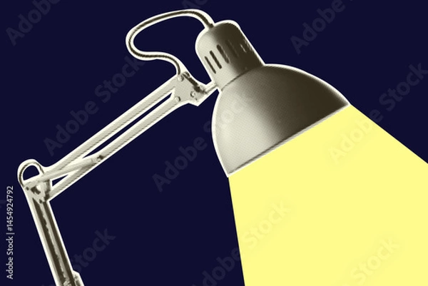 Obraz Office lamp. Vintage bulb equipment. Halftone trendy cut out paper collage element isolated on blue background, Polka dot pop art style texture Vector illustration