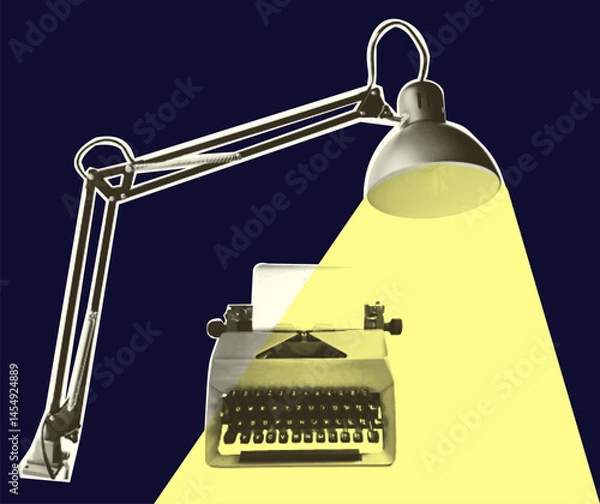 Obraz Office lamp and retro typewriter. Vintage bulb equipment. Halftone trendy cut out paper collage element isolated on yellow background, Polka dot pop art style texture Vector illustration