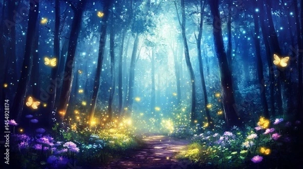 Obraz Magical forest path bathed in luminous glow.  Butterflies flutter amidst vibrant flowers and fireflies illuminating the mystical woods