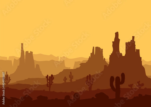 Fototapeta Set of desert landscapes with cacti, succulents, rocks, mountains and yellow sky. Vector illustration for travel banner.