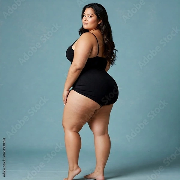 Fototapeta Confident plus-size Asian woman in a black bodysuit glances over her shoulder against a textured blue backdrop, embodying modern style and body positivity.

