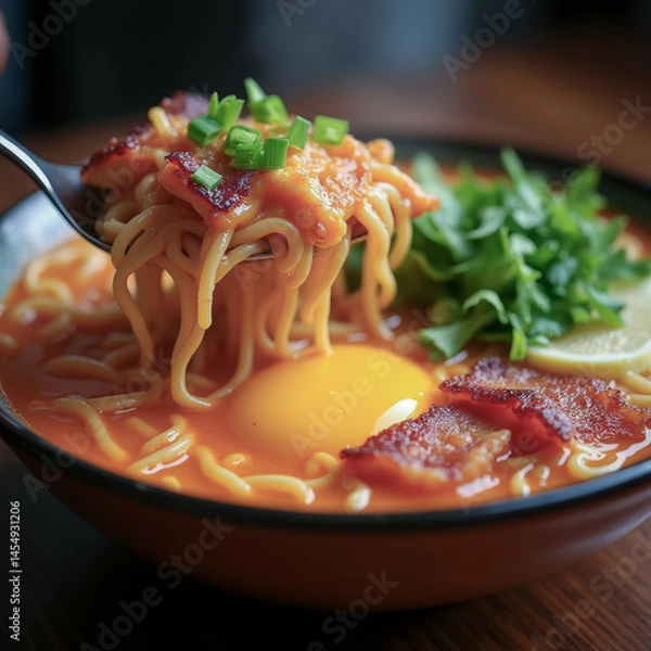 Obraz Delicious buffalo chicken ramen with crispy bacon and egg