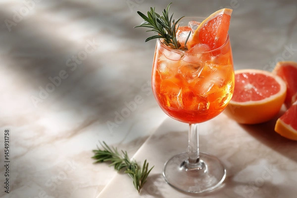 Fototapeta Aperol Spritz garnished with rosemary and grapefruit In in cocktail glass, on marble surface, summer beach party