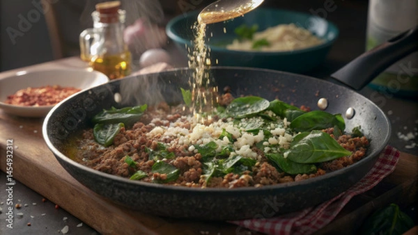 Fototapeta Delicious meat stew in frying pan with white cheese and spinach