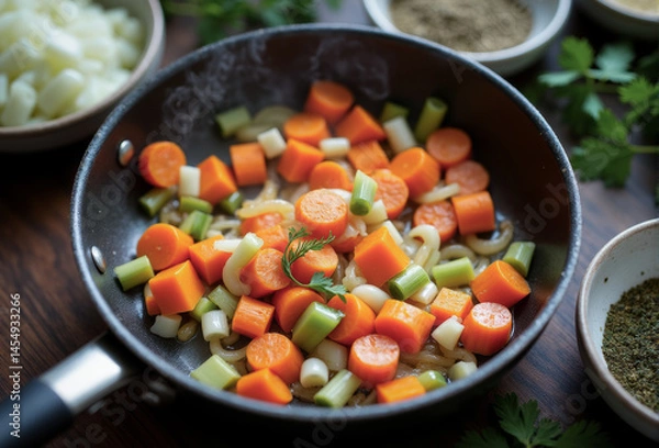 Obraz Diced onions, carrots, and celery sizzling in the non-stick pan