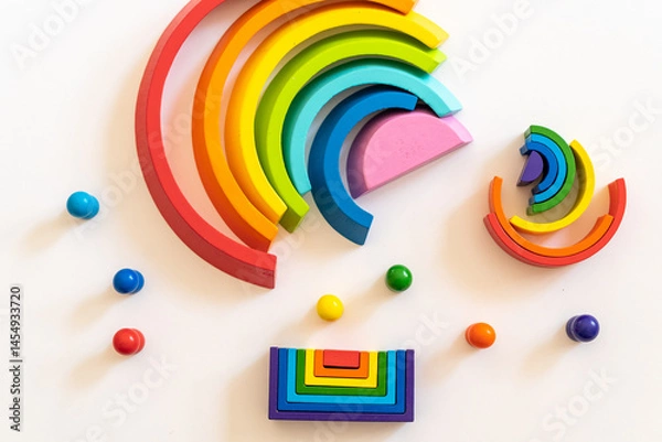 Fototapeta Colorful wooden rainbow shapes arranged in playful design with vibrant colors and various geometric forms on a light surface