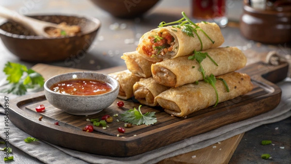 Fototapeta Delicious spring rolls on a rustic plate with sweet chili sauce